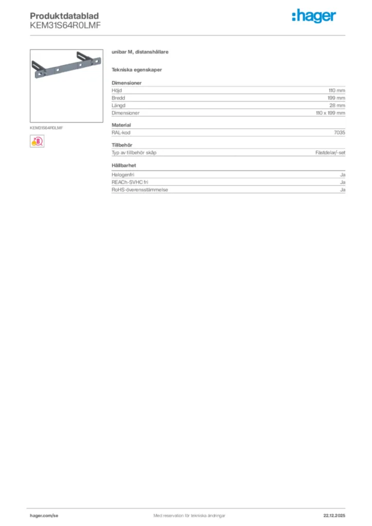 Bild Hager Produktdatablad KEM31S64R0LMF | Hager Sverige