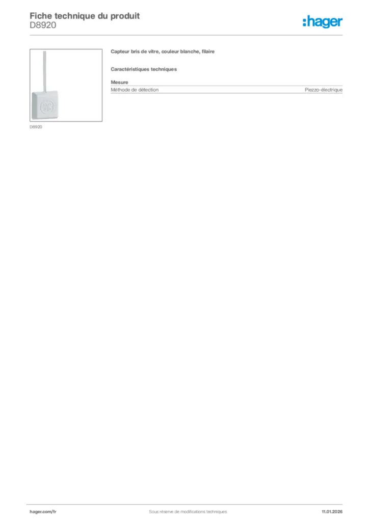 Image Hager Fiche technique du produit D8920 | Hager France