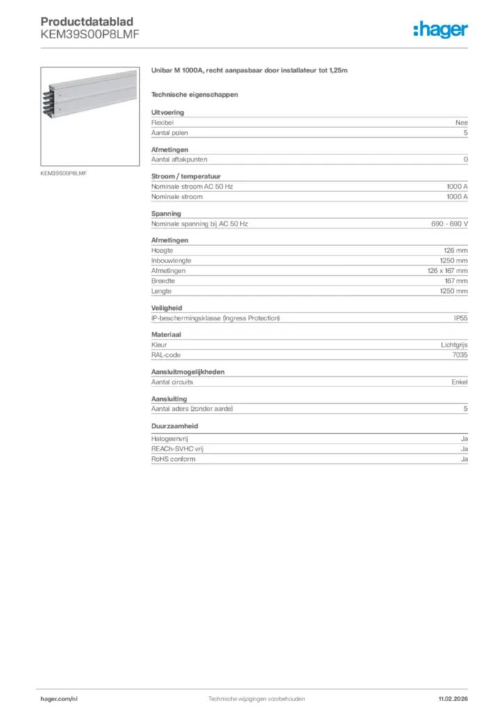 Afbeelding Hager Productdatablad KEM39S00P8LMF | Hager Nederland