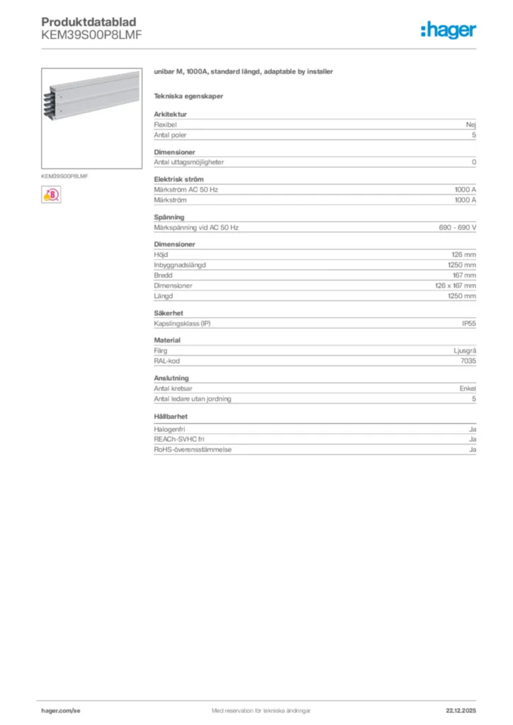 Bild Hager Produktdatablad KEM39S00P8LMF | Hager Sverige