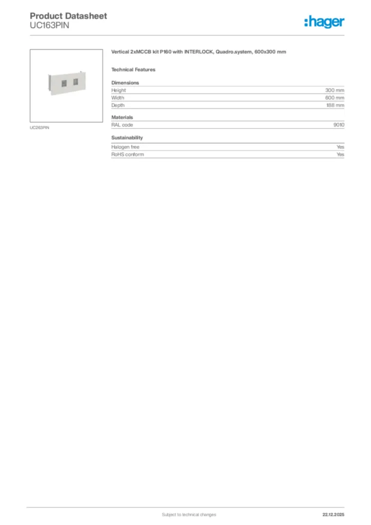 Image Hager Product data sheet UC163PIN  | Hager Africa