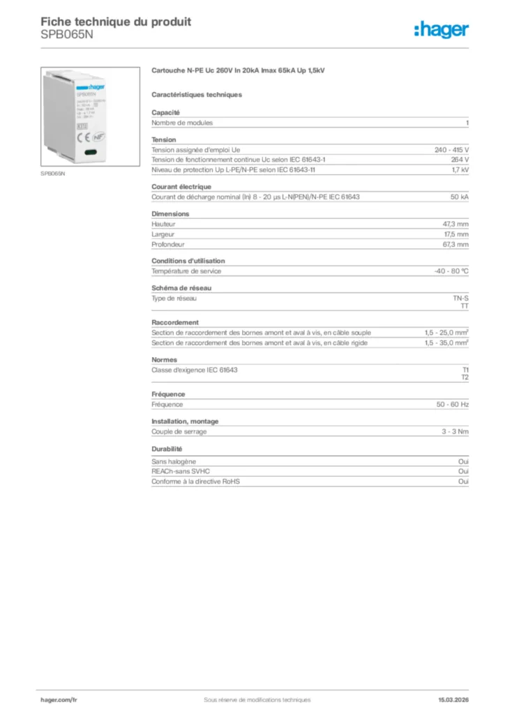 Image Hager Fiche technique du produit SPB065N | Hager France