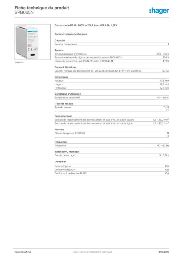 Image Hager Fiche technique du produit SPB065N | Hager Belgique