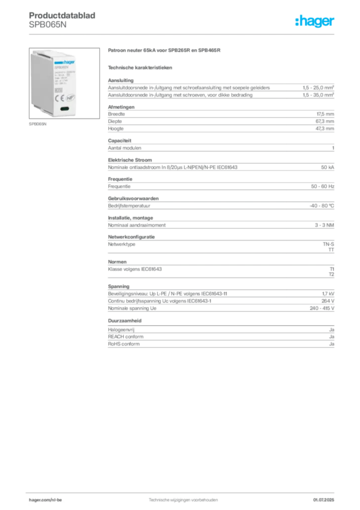 Afbeelding Hager Productdatablad SPB065N | Hager Belgium