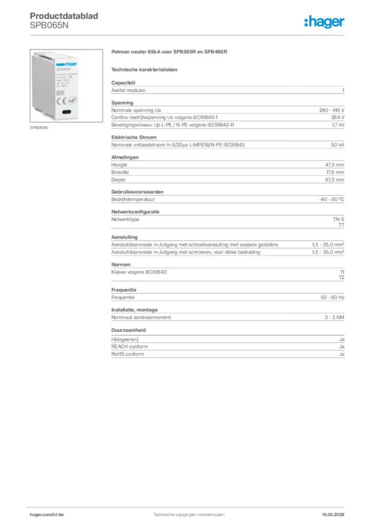 Afbeelding Hager Productdatablad SPB065N | Hager Belgium