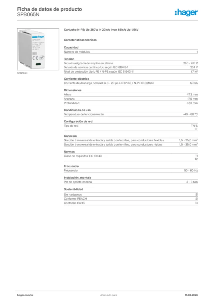 Imagen Hager Ficha de datos de producto SPB065N | Hager España
