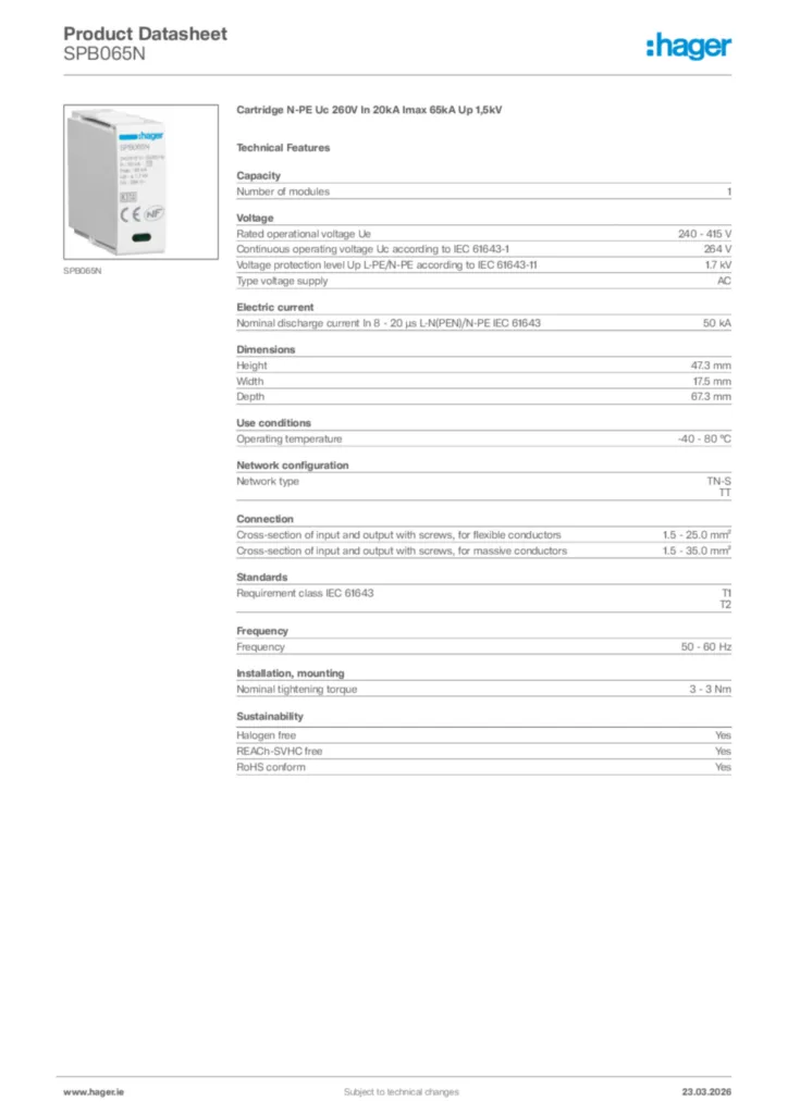 Image Hager Product data sheet SPB065N  | Hager