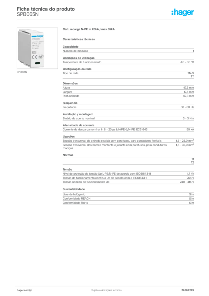 Imagem Hager Ficha técnica do produto SPB065N | Hager Portugal