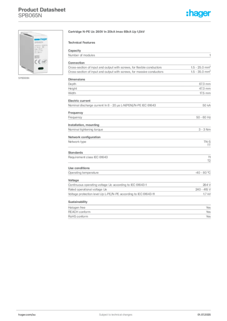 Image Hager Product data sheet SPB065N  | Hager Australia