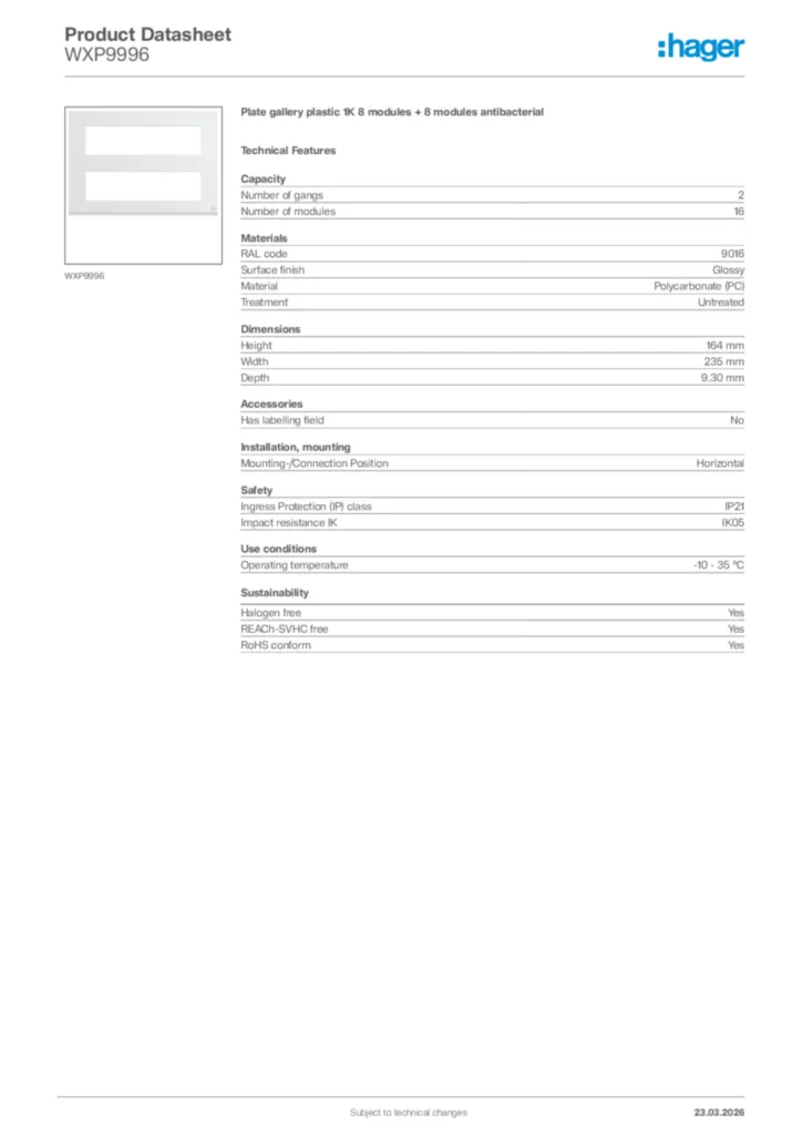 Image Hager Product data sheet WXP9996  | Hager Africa