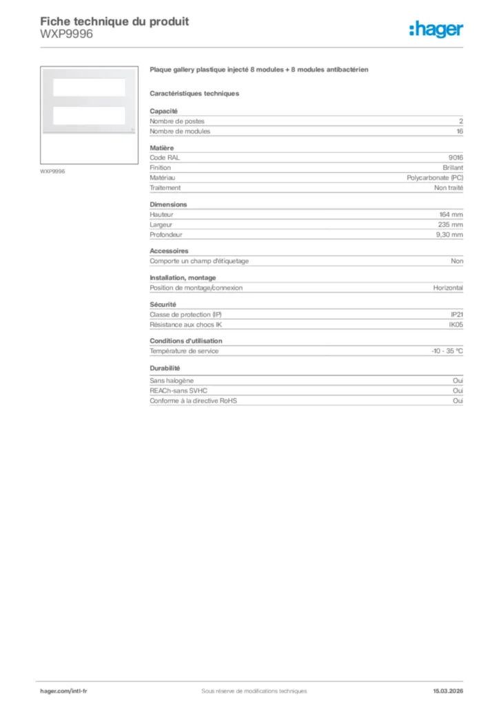 Image Hager Fiche technique du produit WXP9996 | Hager Afrique