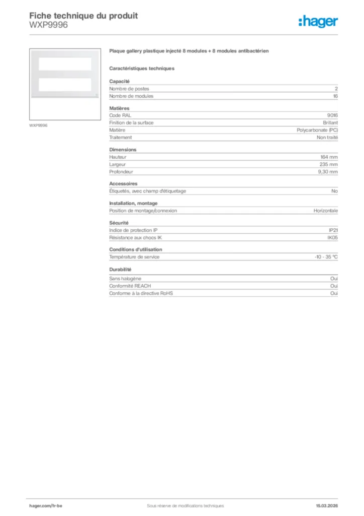 Image Hager Fiche technique du produit WXP9996 | Hager Belgique