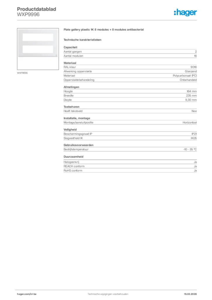 Afbeelding Hager Productdatablad WXP9996 | Hager Belgium