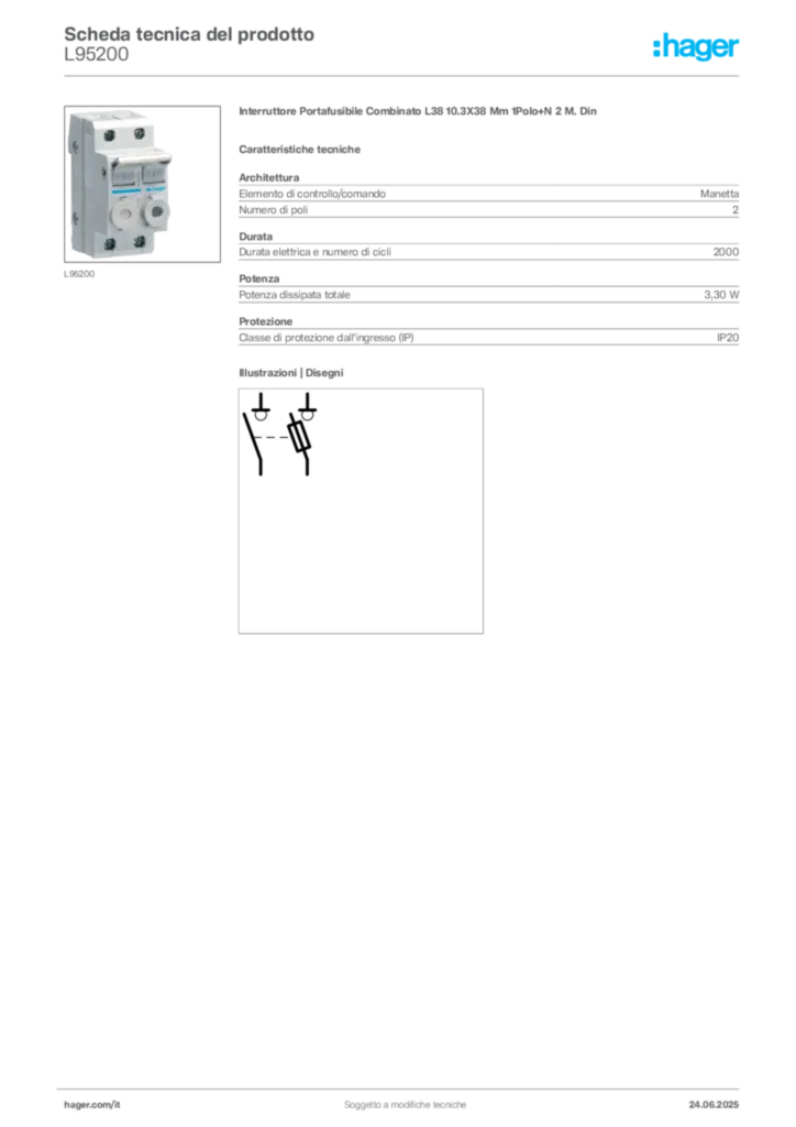 Immagine Hager Scheda tecnica del prodotto L95200 | Hager Italia