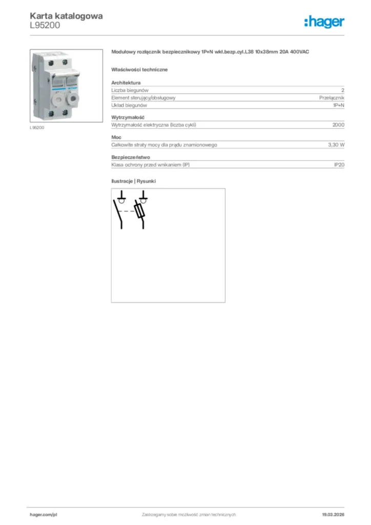 Zdjęcie Hager Karta katalogowa L95200 | Hager Polska