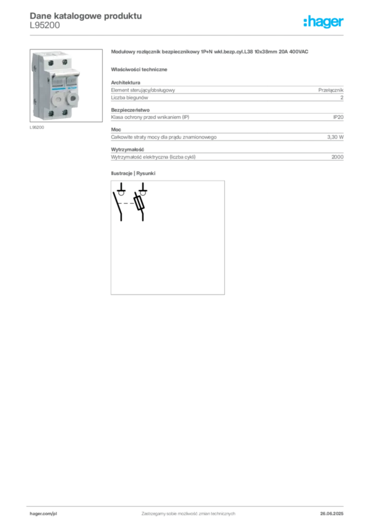 Zdjęcie Hager Dane katalogowe produktu L95200 | Hager Polska