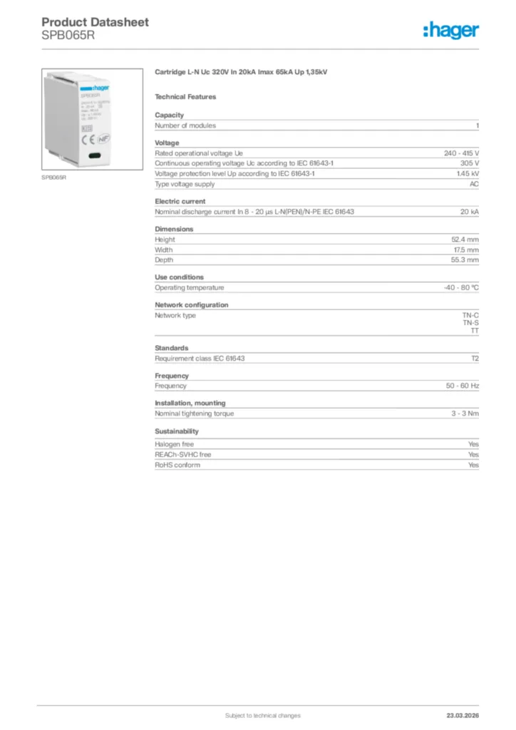 Image Hager Product data sheet SPB065R  | Hager Africa