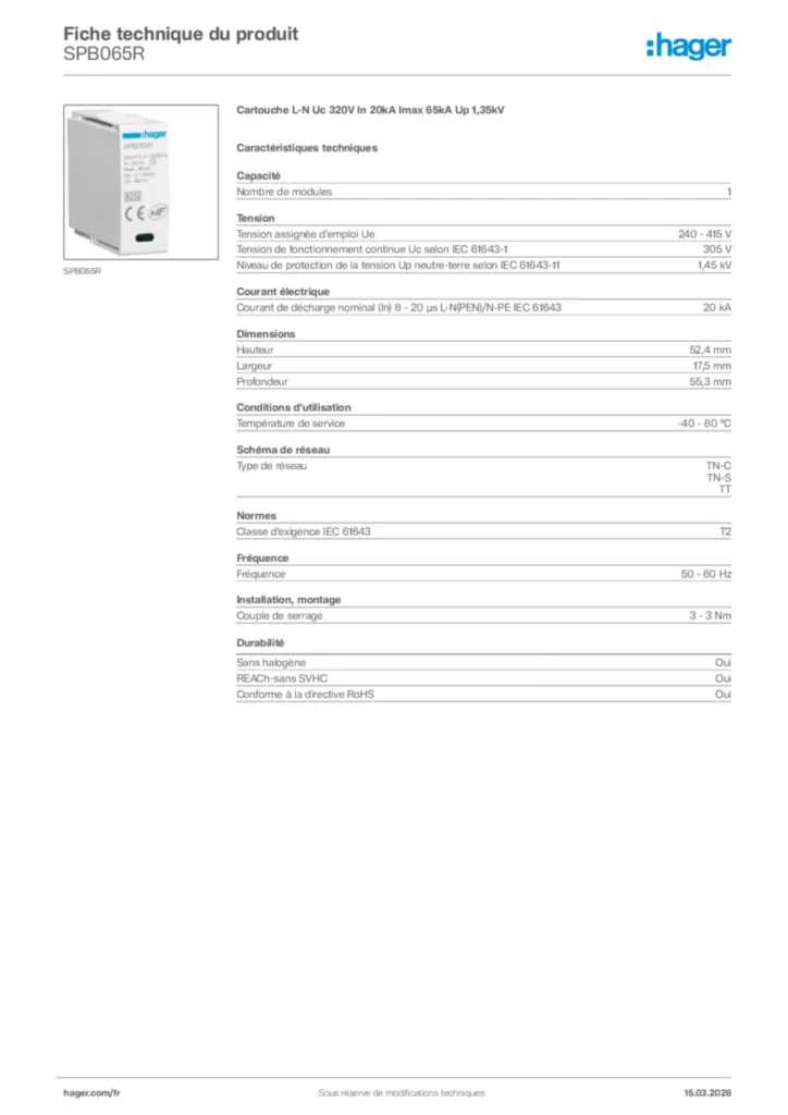 Image Hager Fiche technique du produit SPB065R | Hager France