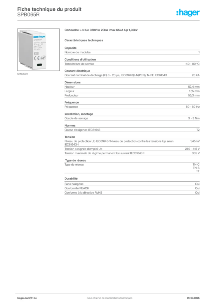 Image Hager Fiche technique du produit SPB065R | Hager Belgique