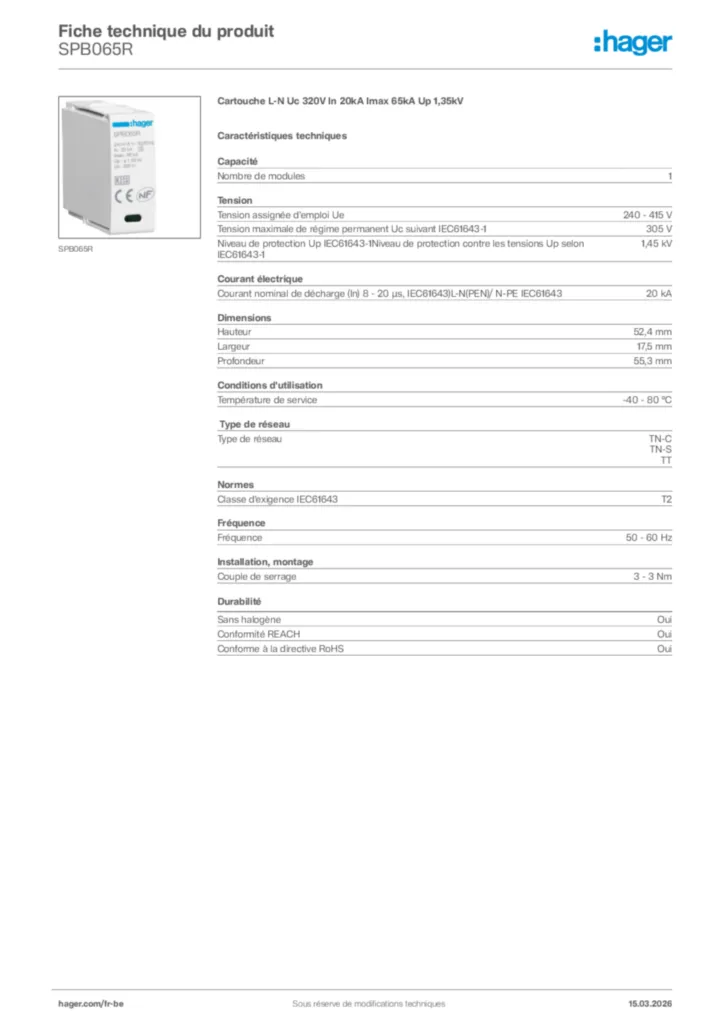 Image Hager Fiche technique du produit SPB065R | Hager Belgique