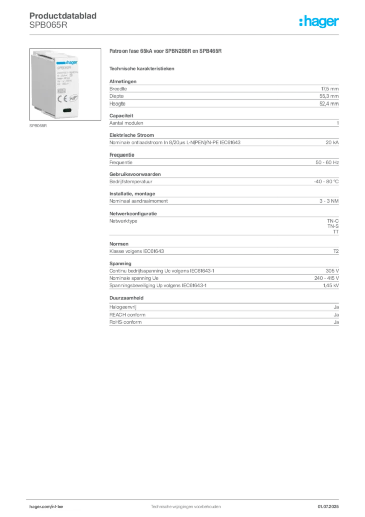 Afbeelding Hager Productdatablad SPB065R | Hager Belgium