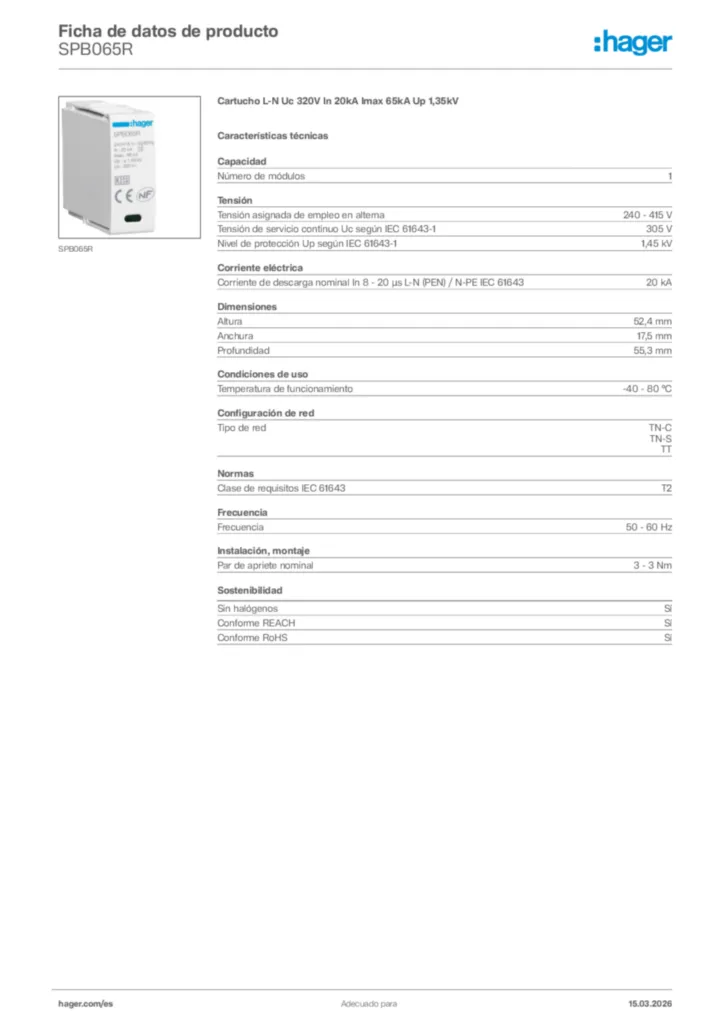 Imagen Hager Ficha de datos de producto SPB065R | Hager España