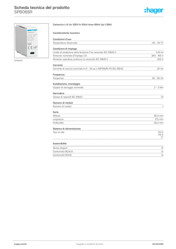 Immagine Hager Scheda tecnica del prodotto SPB065R | Hager Italia