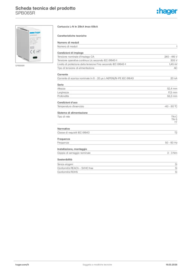 Immagine Hager Scheda tecnica del prodotto SPB065R | Hager Italia