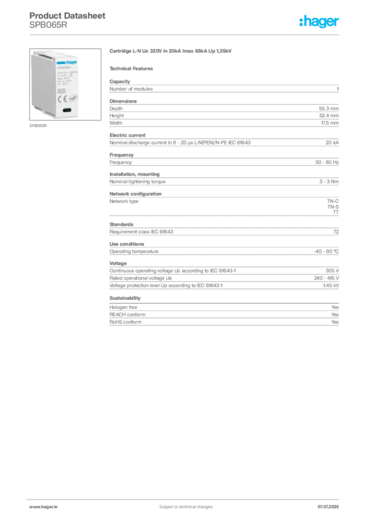 Image Hager Product data sheet SPB065R  | Hager