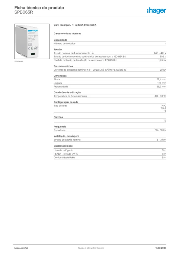 Imagem Hager Ficha técnica do produto SPB065R | Hager Portugal