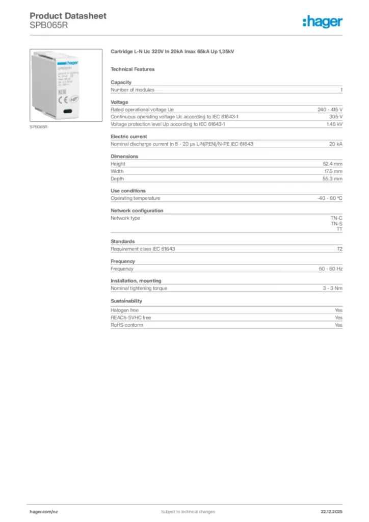 Image Hager Product data sheet SPB065R  | Hager New Zealand