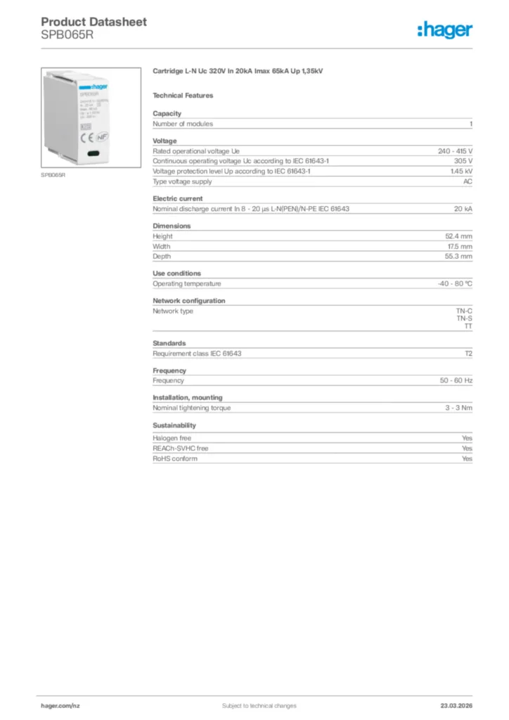 Image Hager Product data sheet SPB065R  | Hager New Zealand