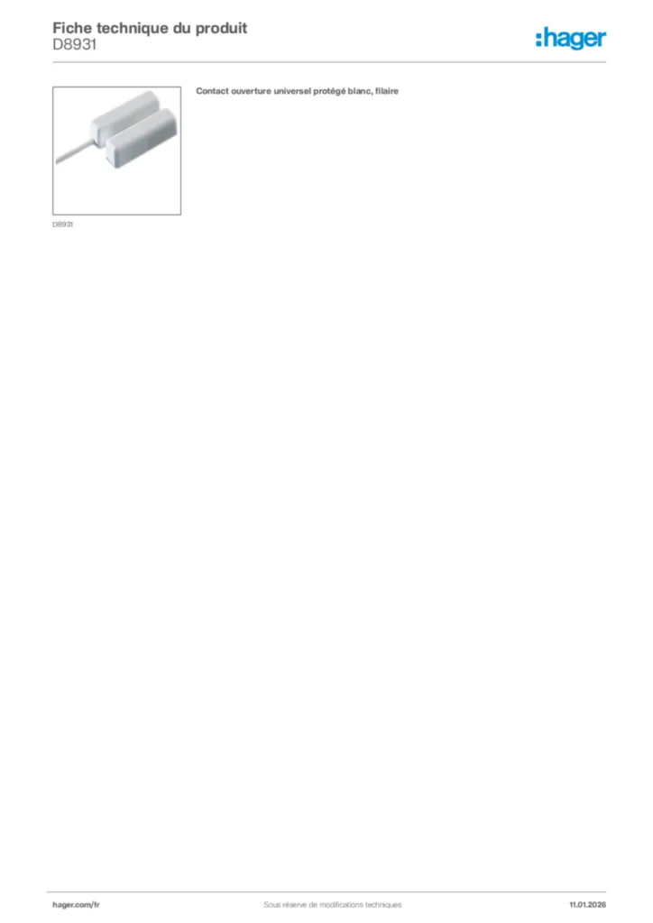 Image Hager Fiche technique du produit D8931 | Hager France