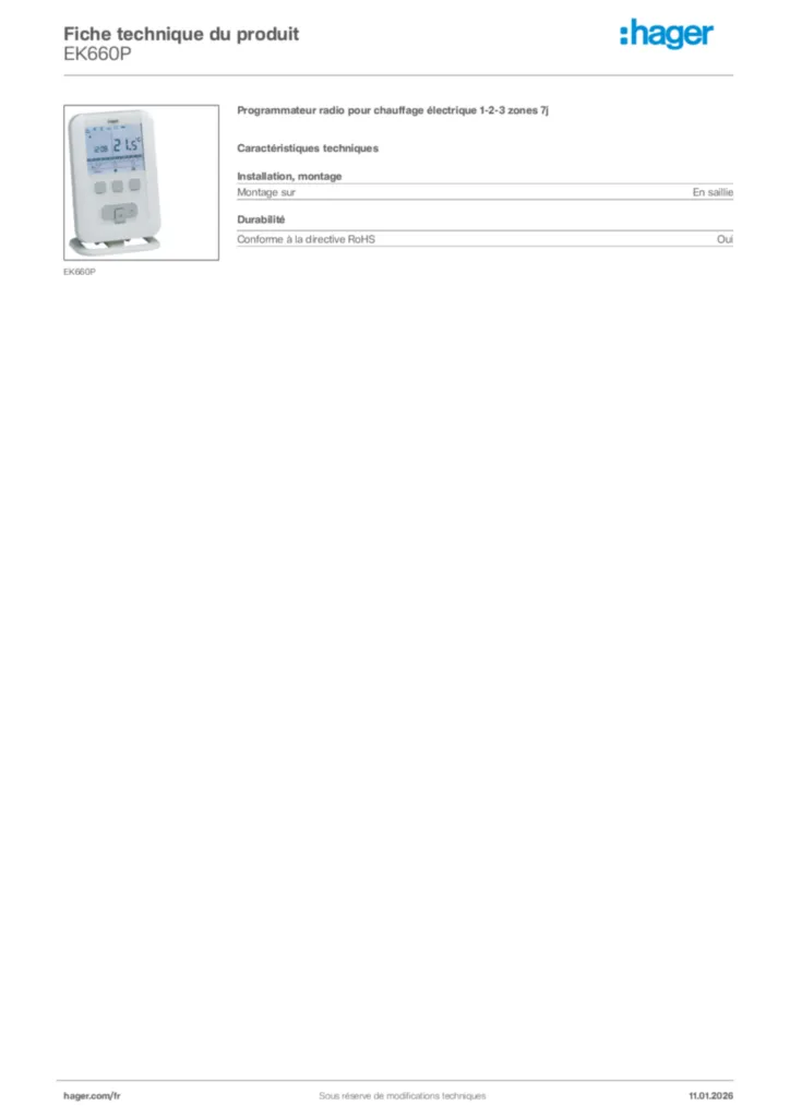 Image Hager Fiche technique du produit EK660P | Hager France