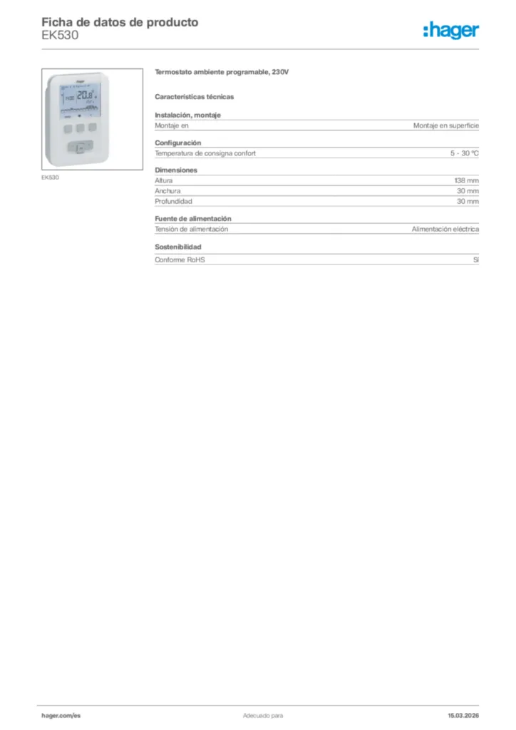 Imagen Hager Ficha de datos de producto EK530 | Hager España