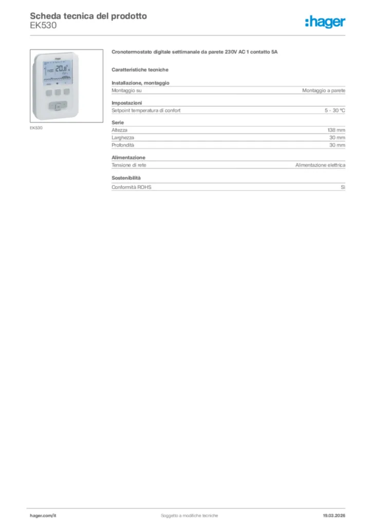 Immagine Hager Scheda tecnica del prodotto EK530 | Hager Italia
