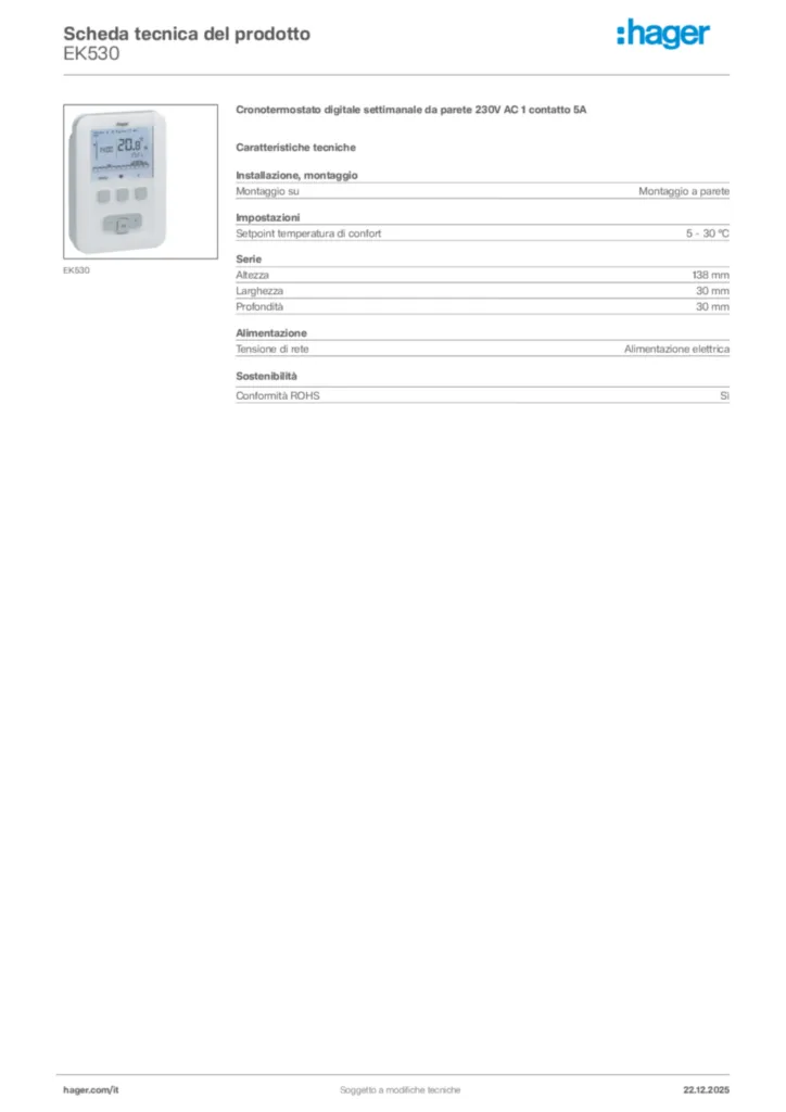 Immagine Hager Scheda tecnica del prodotto EK530 | Hager Italia