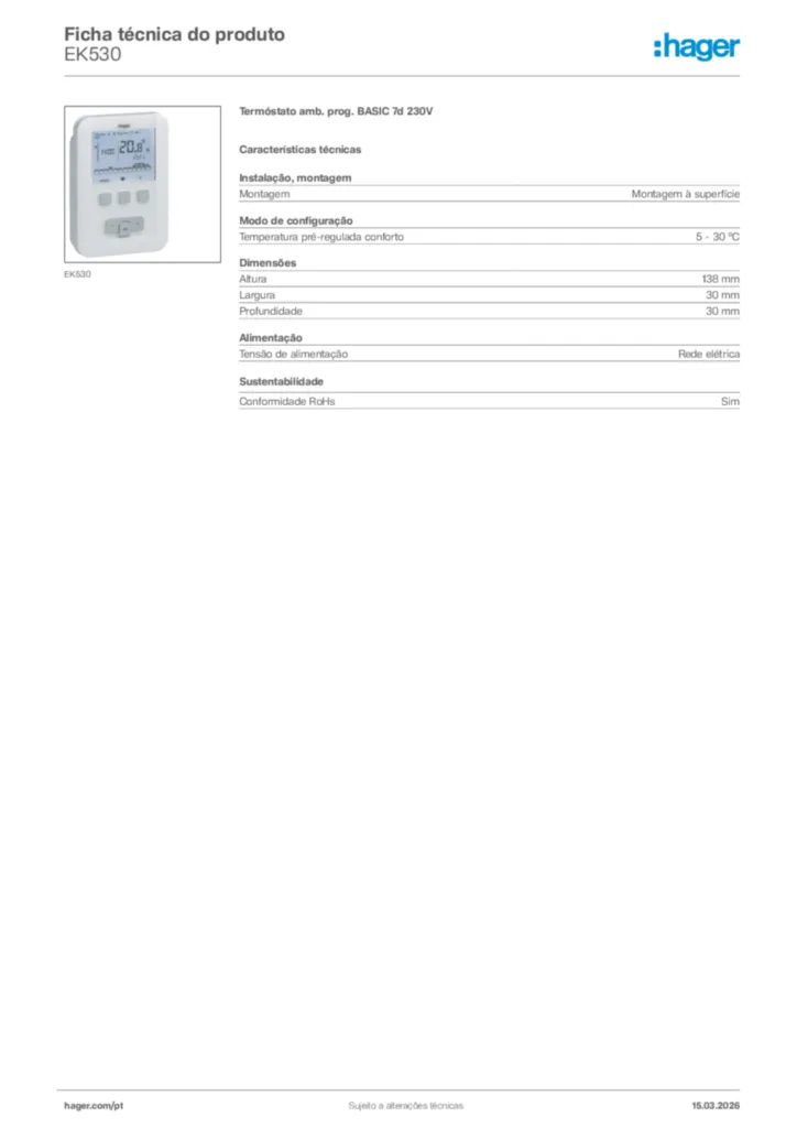 Imagem Hager Ficha técnica do produto EK530 | Hager Portugal