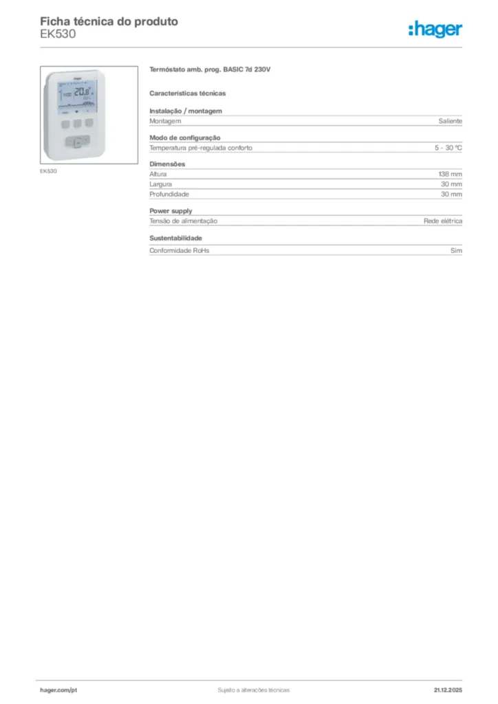 Imagem Hager Ficha técnica do produto EK530 | Hager Portugal