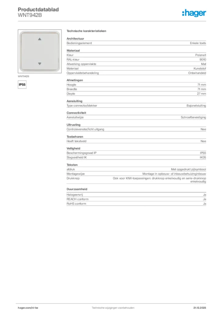 Afbeelding Hager Productdatablad WNT942B | Hager Belgium