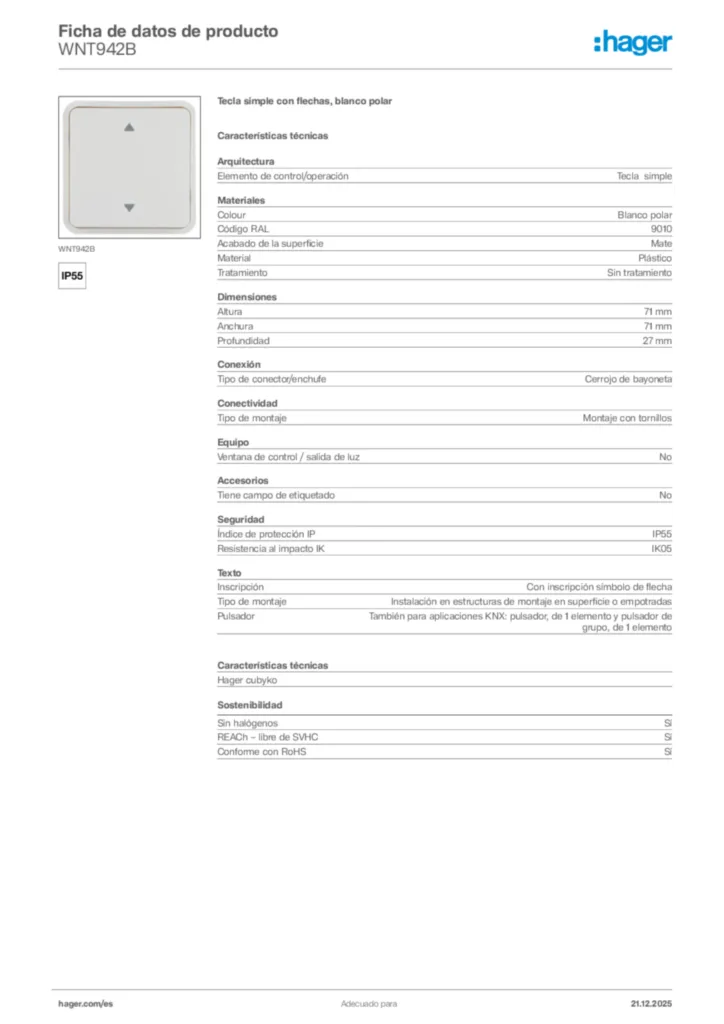 Imagen Hager Ficha de datos de producto WNT942B | Hager España