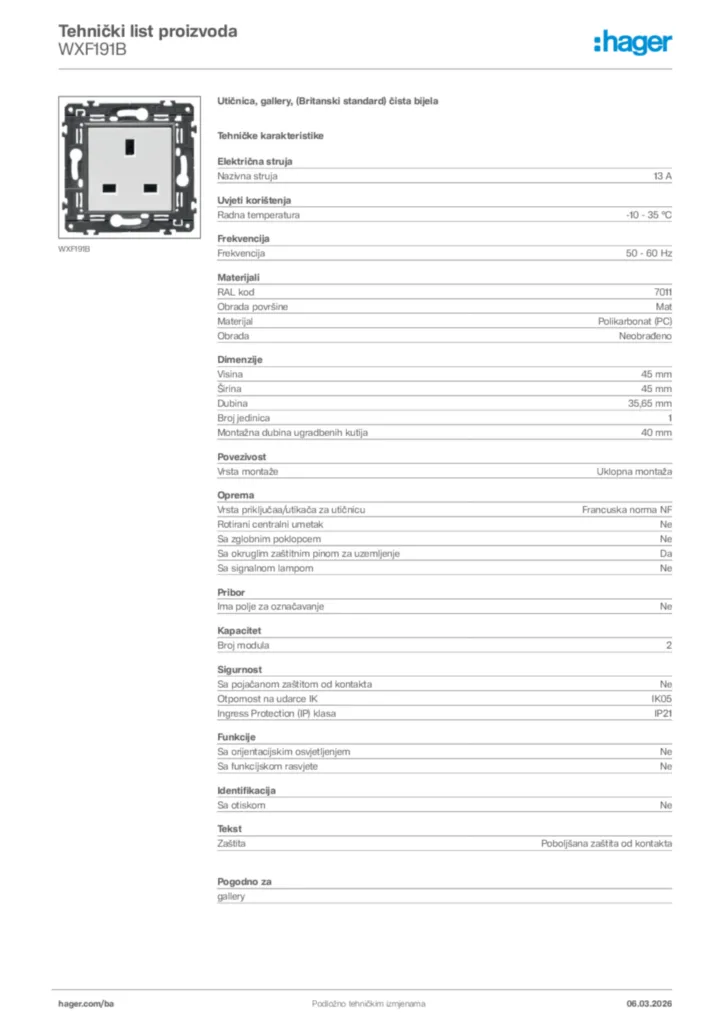 Slika Hager Tehnički list proizvoda WXF191B  | Hager