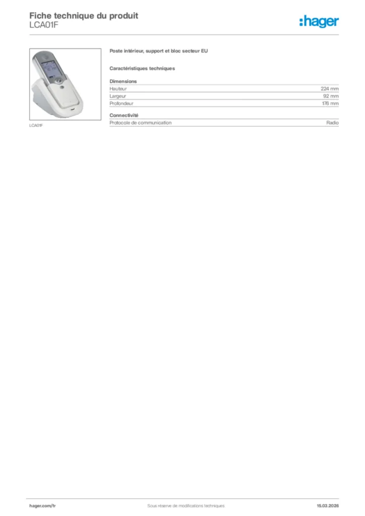 Image Hager Fiche technique du produit LCA01F | Hager France