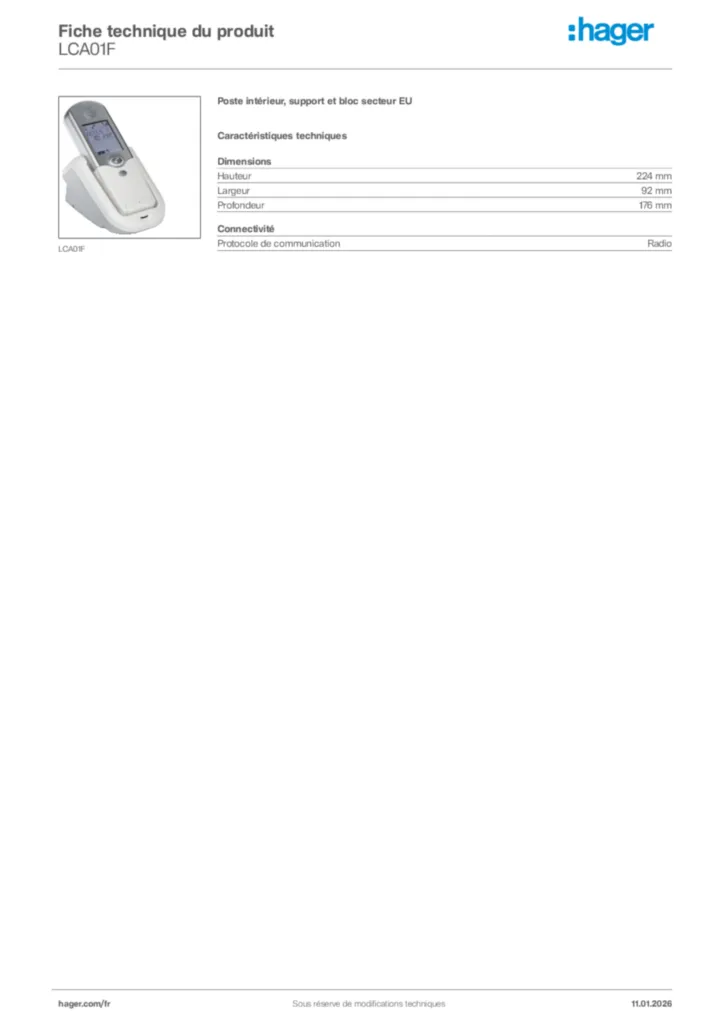 Image Hager Fiche technique du produit LCA01F | Hager France