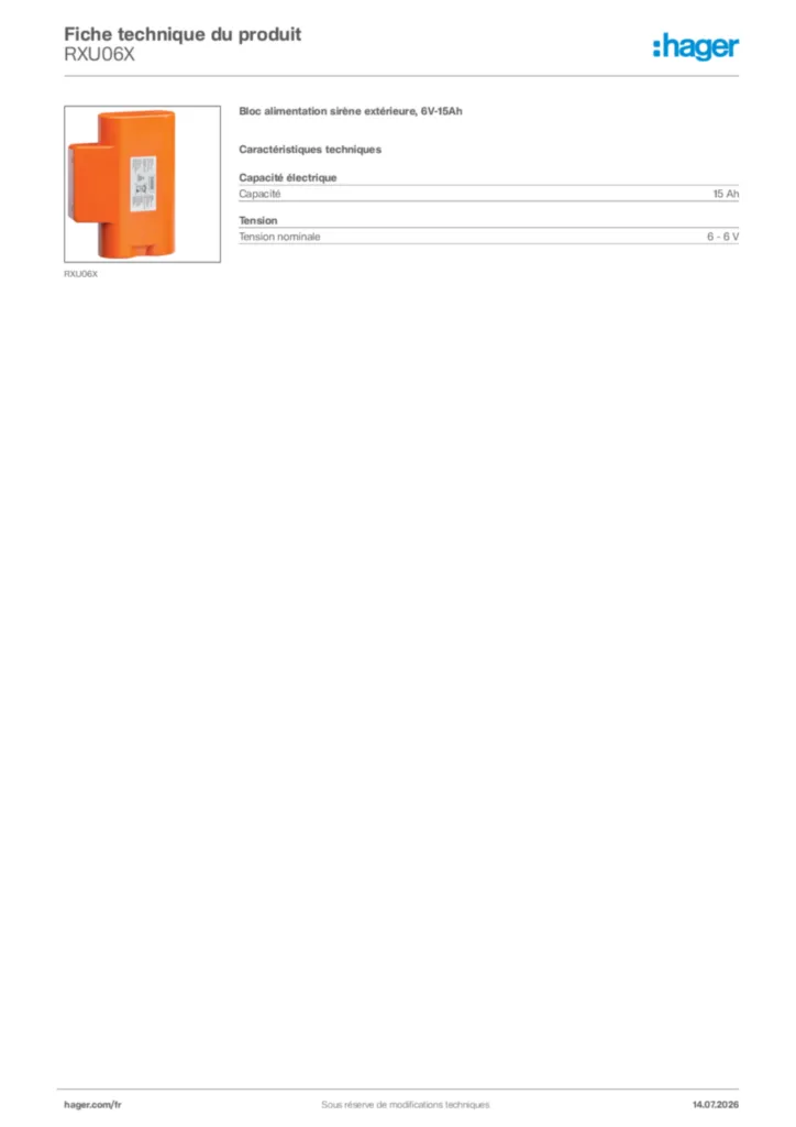 Image Hager Fiche technique du produit RXU06X | Hager France
