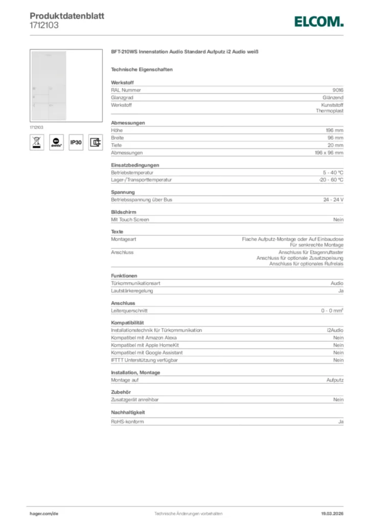 Bild Elcom Produktdatenblatt 1712103 | Hager Deutschland