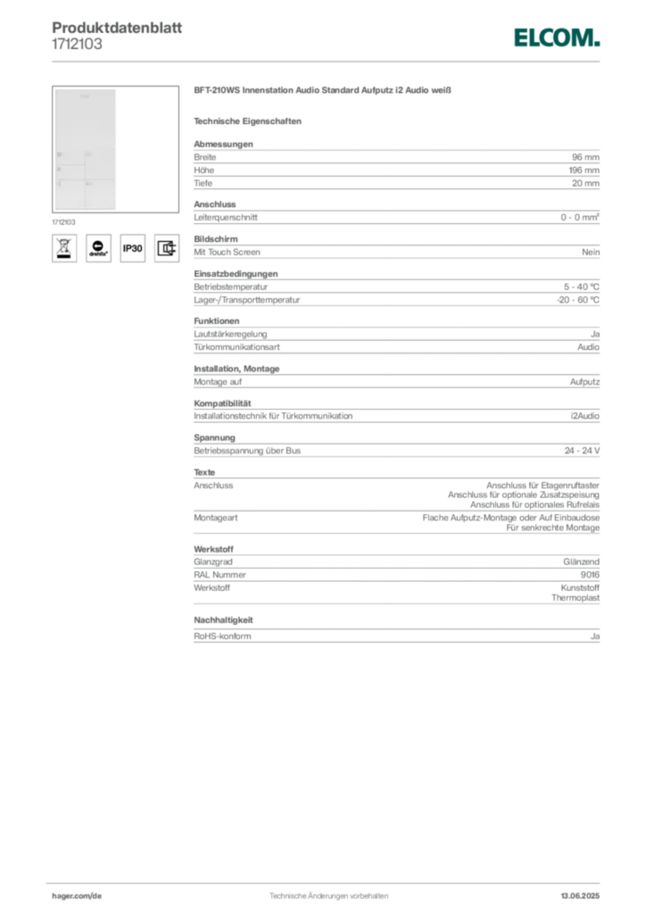 Bild Elcom Produktdatenblatt 1712103 | Hager Deutschland