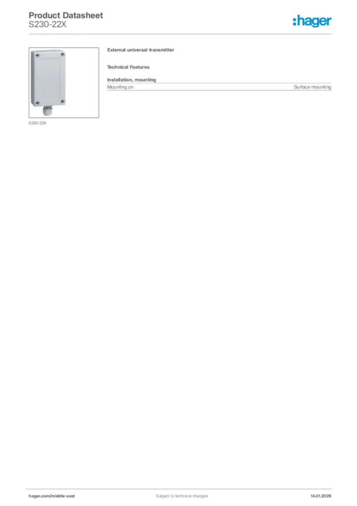 Image Hager Product data sheet S230-22X  | Hager
