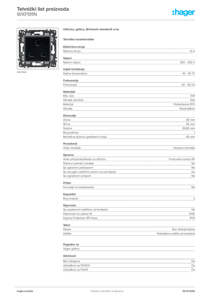 Slika Hager Product data sheet WXF191N  | Hager