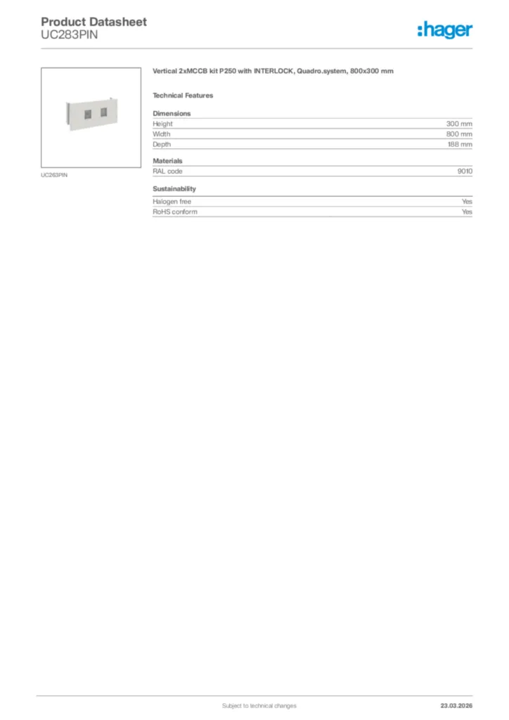 Image Hager Product data sheet UC283PIN  | Hager Africa
